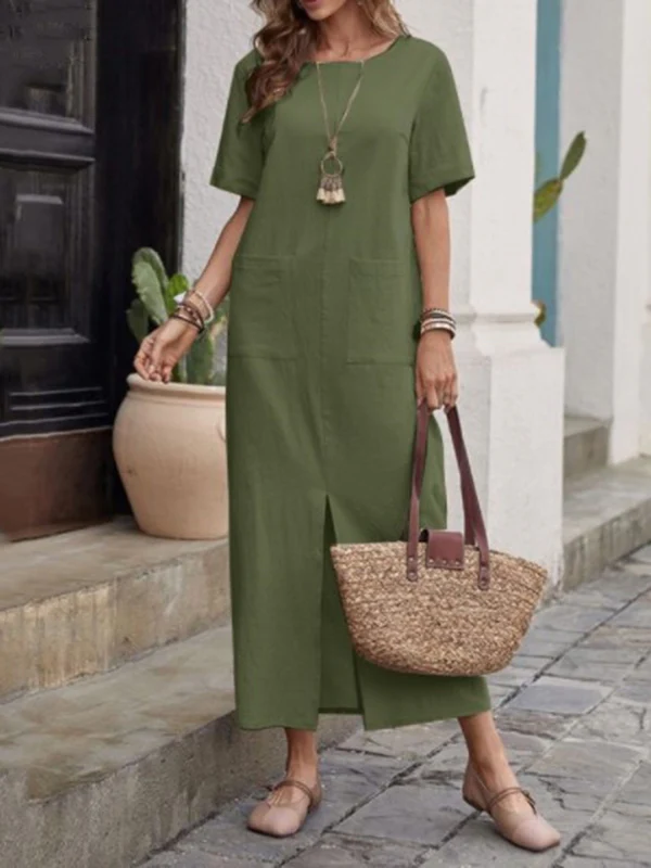 High Waisted Loose Pockets Solid Color Split-front Round-neck Midi Dresses - Image 2