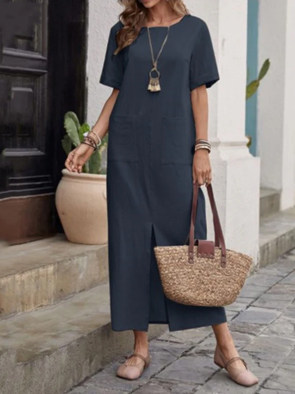 High Waisted Loose Pockets Solid Color Split-front Round-neck Midi Dresses - Image 3