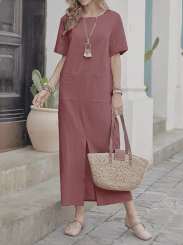 High Waisted Loose Pockets Solid Color Split-front Round-neck Midi Dresses - Image 4