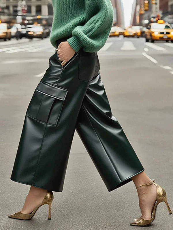 High Waisted Pockets Solid Color Split-Joint Wide Leg Pants Trousers - Image 3