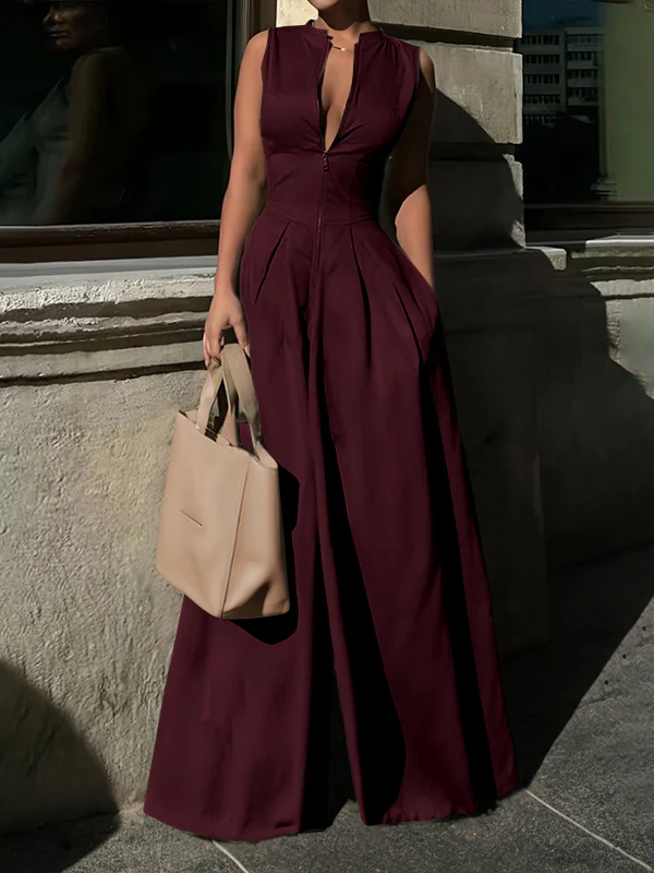 High Waisted Loose Pockets Solid Color Zipper V-Neck Jumpsuits - Image 11