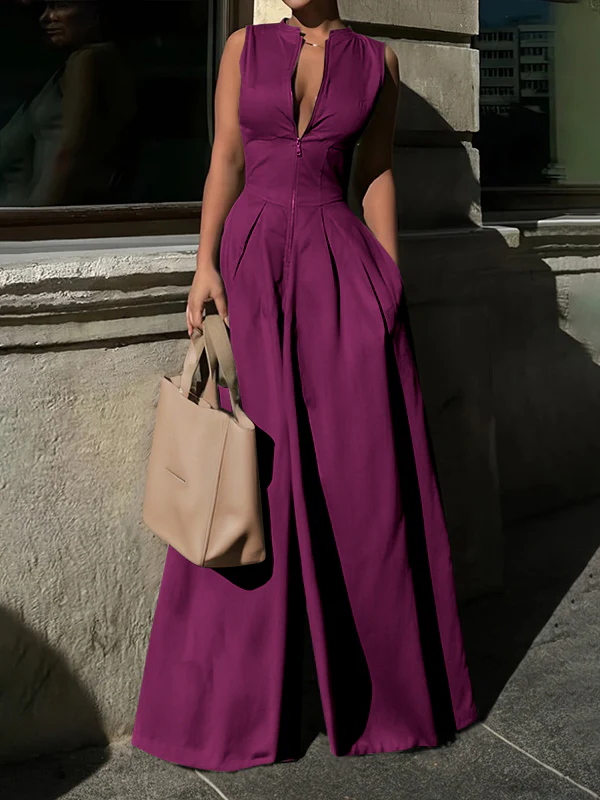 High Waisted Loose Pockets Solid Color Zipper V-Neck Jumpsuits - Image 13