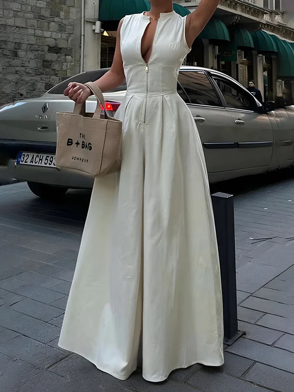 High Waisted Loose Pockets Solid Color Zipper V-Neck Jumpsuits - Image 2