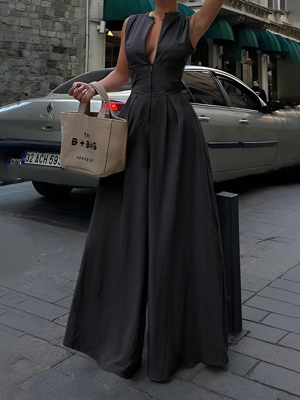 High Waisted Loose Pockets Solid Color Zipper V-Neck Jumpsuits - Image 3