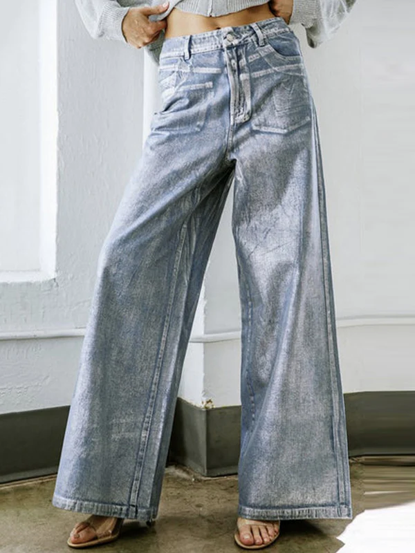 High Waisted Loose Printed Split-Joint Jean Pants Bottoms - Image 2