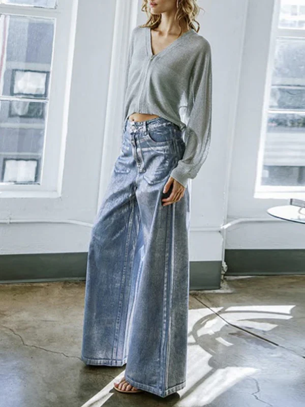 High Waisted Loose Printed Split-Joint Jean Pants Bottoms - Image 4