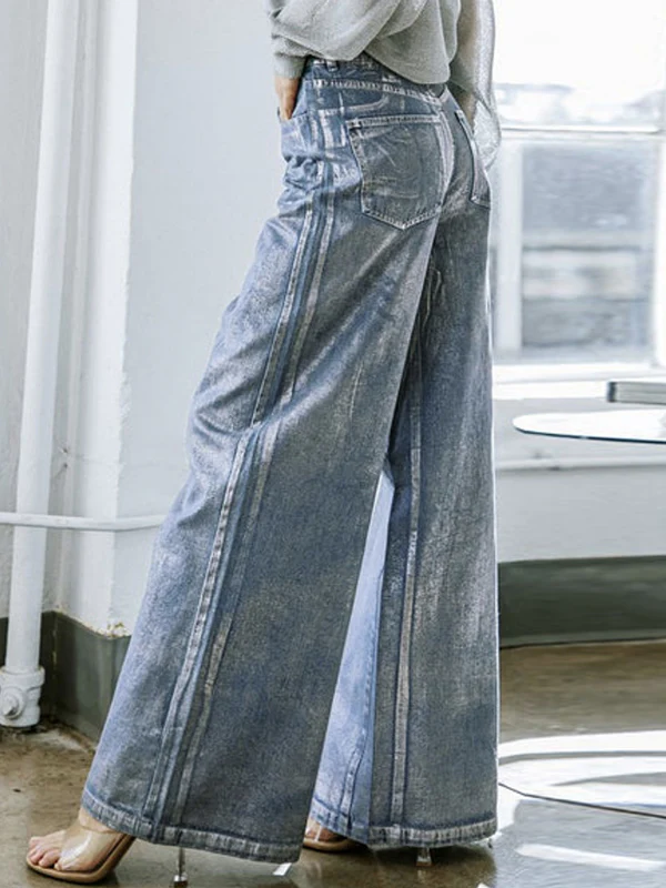 High Waisted Loose Printed Split-Joint Jean Pants Bottoms - Image 5