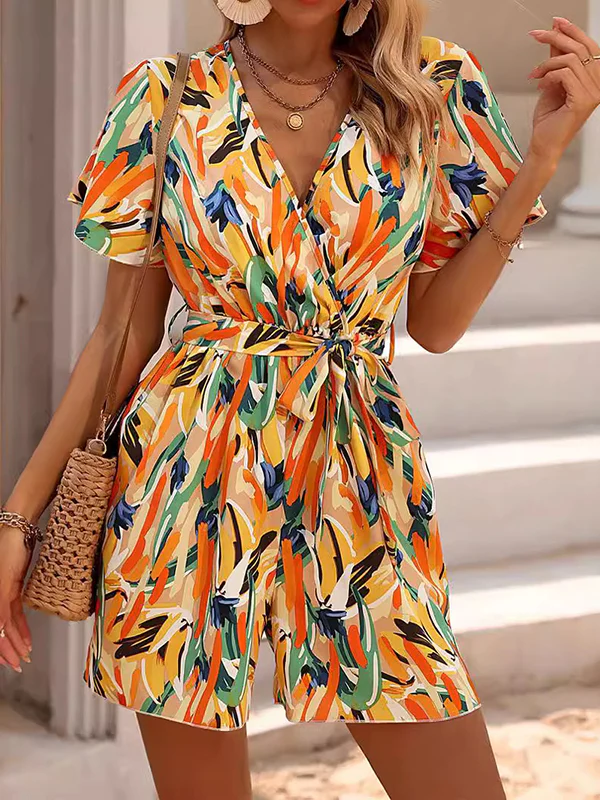 High Waisted Loose Printed Tied Waist V-Neck Mini Dresses - Image 2