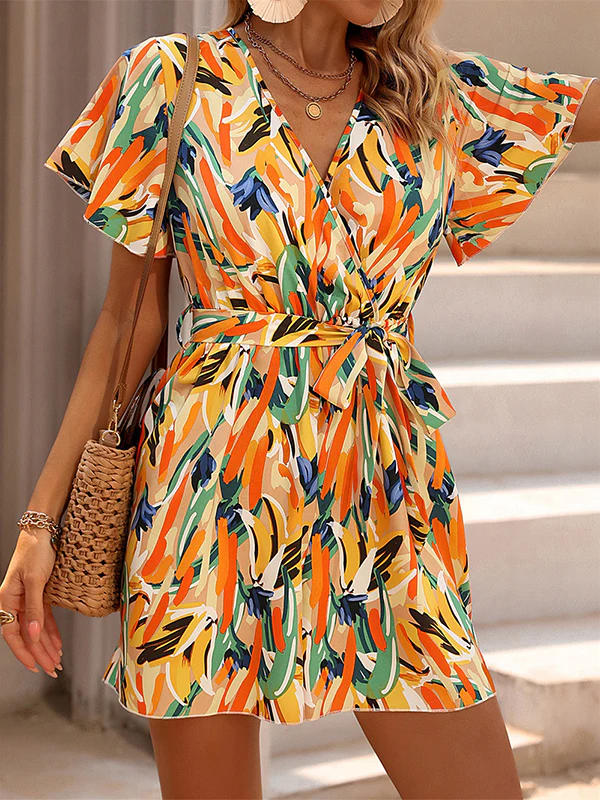 High Waisted Loose Printed Tied Waist V-Neck Mini Dresses - Image 3
