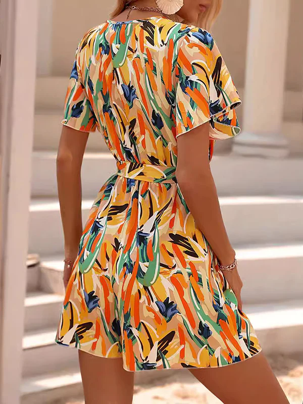 High Waisted Loose Printed Tied Waist V-Neck Mini Dresses - Image 6