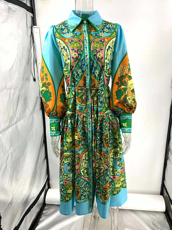 High Waisted Loose Puff Sleeves Belted Floral Printed Lapel Midi Dresses - Image 10