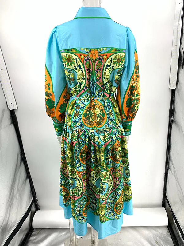 High Waisted Loose Puff Sleeves Belted Floral Printed Lapel Midi Dresses - Image 11