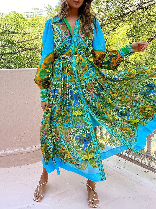 High Waisted Loose Puff Sleeves Belted Floral Printed Lapel Midi Dresses - Image 2