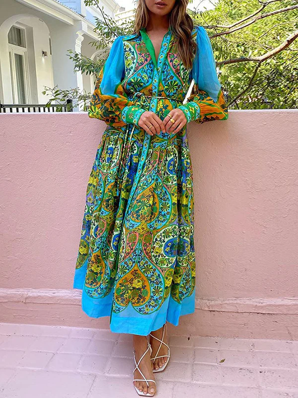 High Waisted Loose Puff Sleeves Belted Floral Printed Lapel Midi Dresses - Image 3