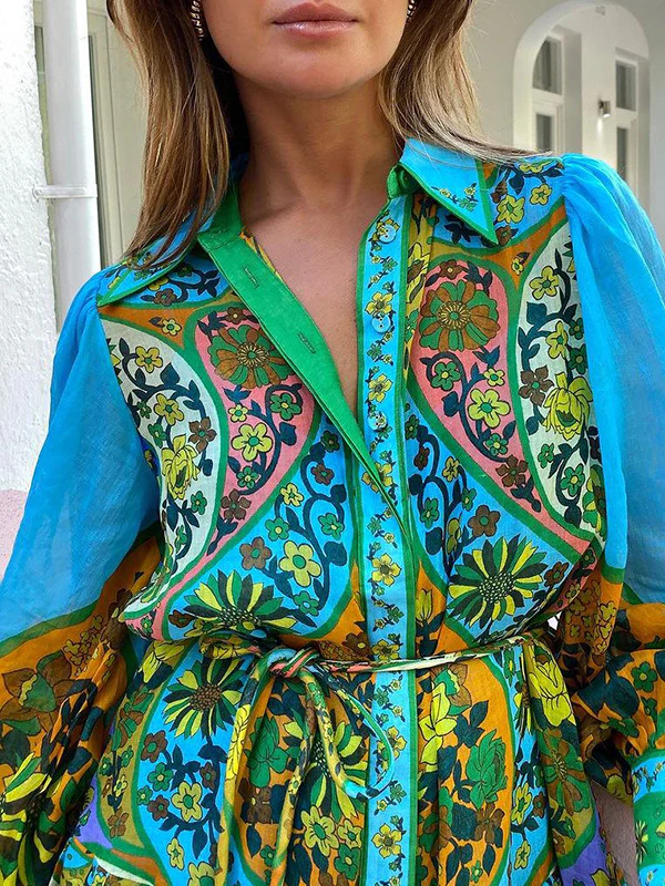 High Waisted Loose Puff Sleeves Belted Floral Printed Lapel Midi Dresses - Image 4