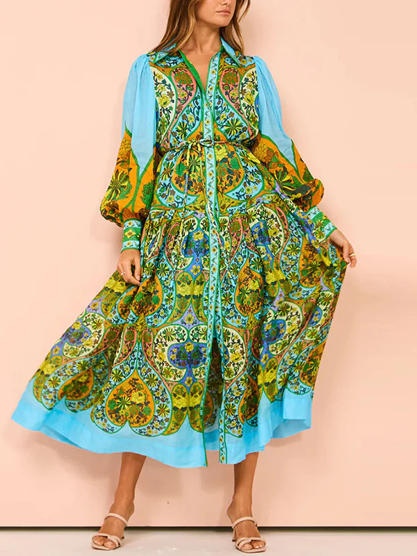 High Waisted Loose Puff Sleeves Belted Floral Printed Lapel Midi Dresses - Image 5