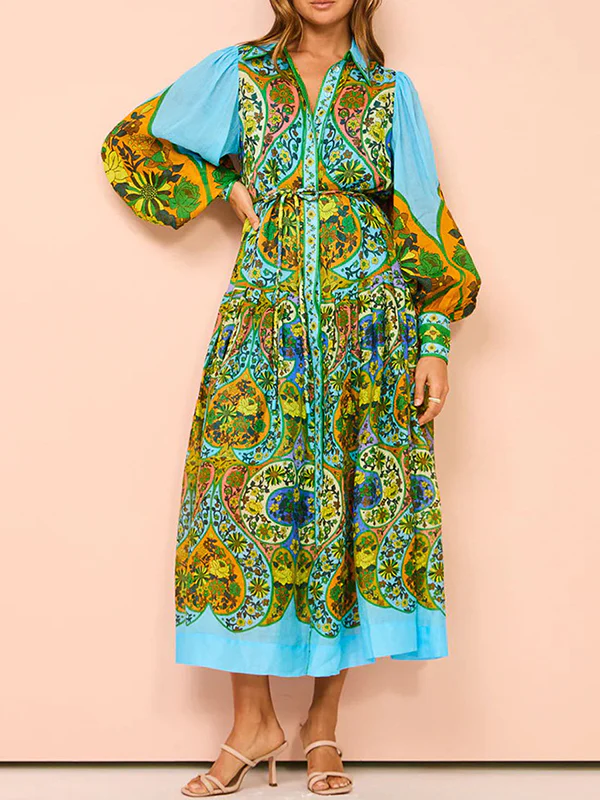 High Waisted Loose Puff Sleeves Belted Floral Printed Lapel Midi Dresses - Image 6