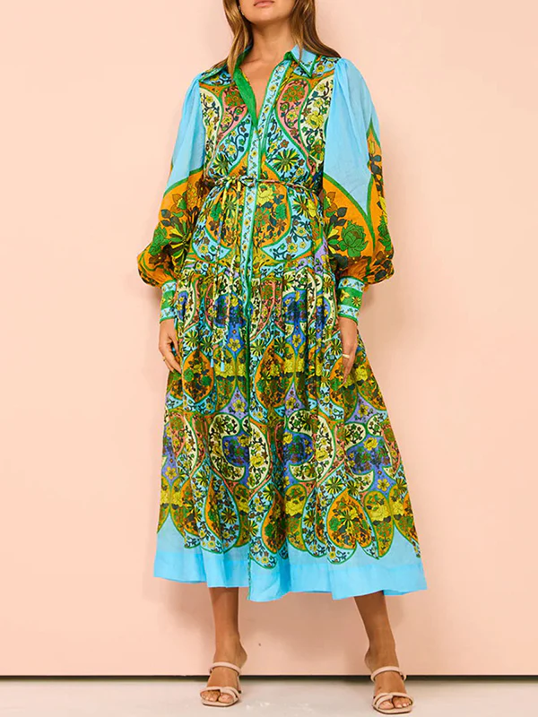 High Waisted Loose Puff Sleeves Belted Floral Printed Lapel Midi Dresses - Image 7