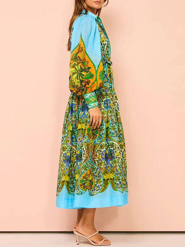 High Waisted Loose Puff Sleeves Belted Floral Printed Lapel Midi Dresses - Image 8