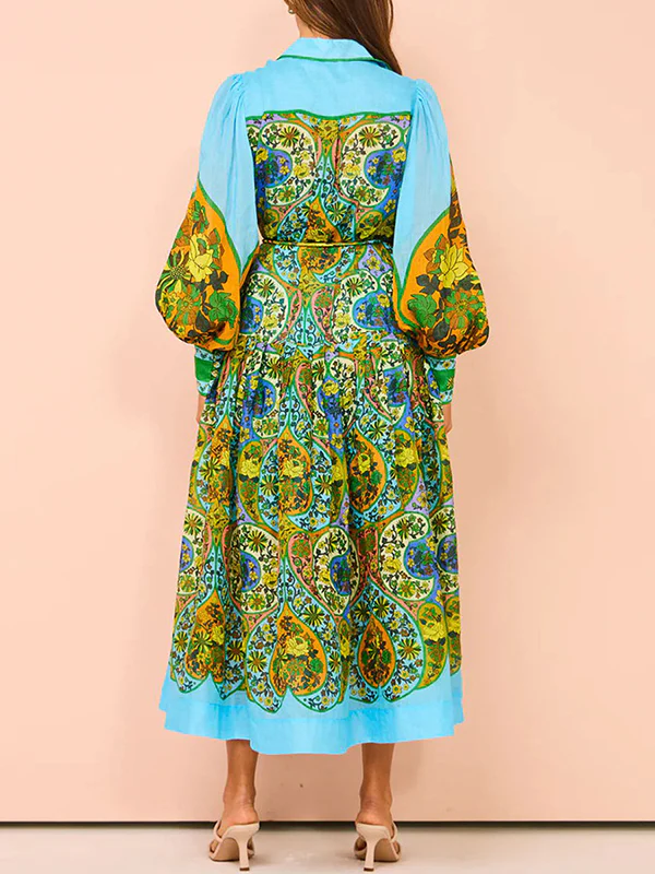 High Waisted Loose Puff Sleeves Belted Floral Printed Lapel Midi Dresses - Image 9
