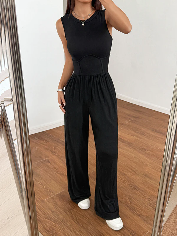 High Waisted Loose Solid Color Round-Neck Jumpsuits - Image 2
