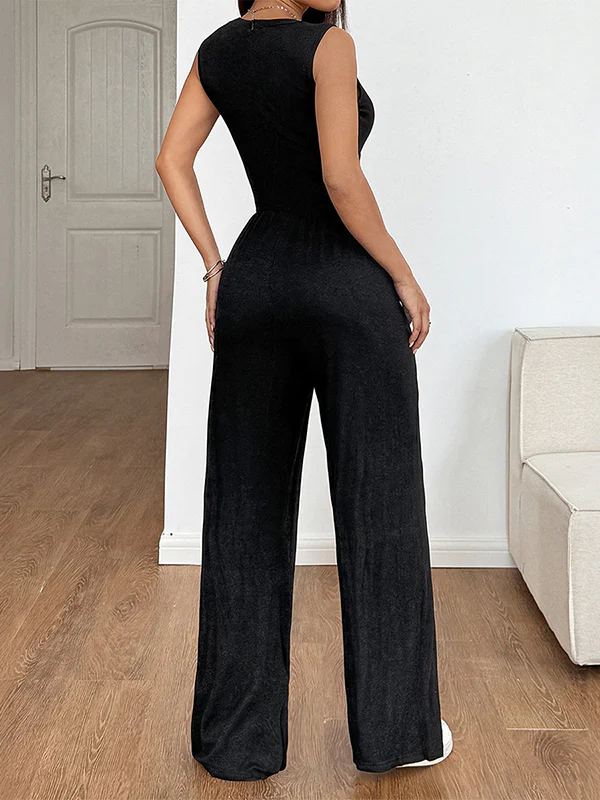High Waisted Loose Solid Color Round-Neck Jumpsuits - Image 5