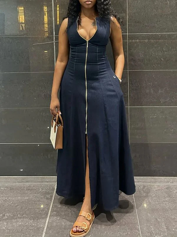 High Waisted Loose Solid Color Split-Front Zipper V-Neck Maxi Dresses