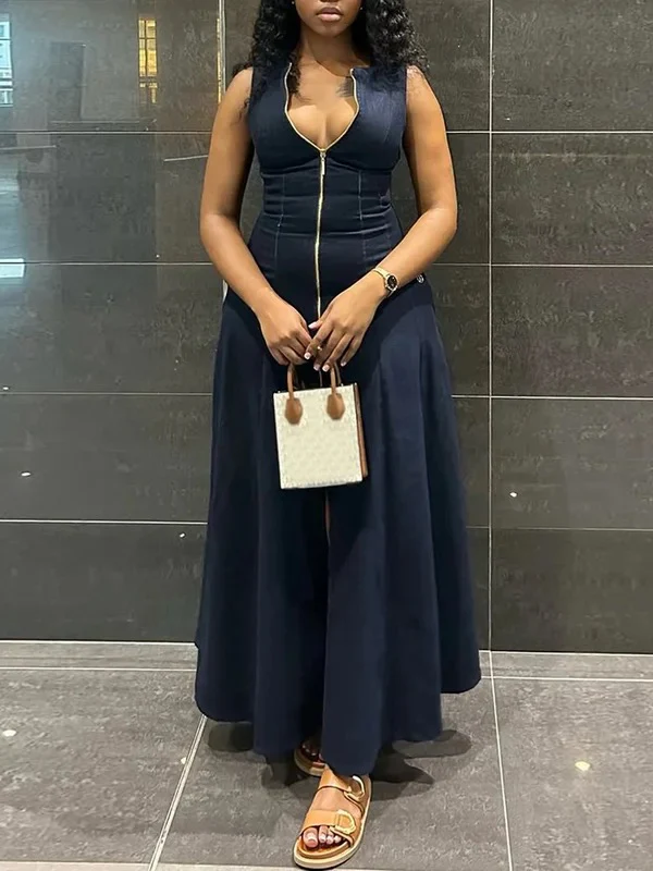 High Waisted Loose Solid Color Split-Front Zipper V-Neck Maxi Dresses - Image 2