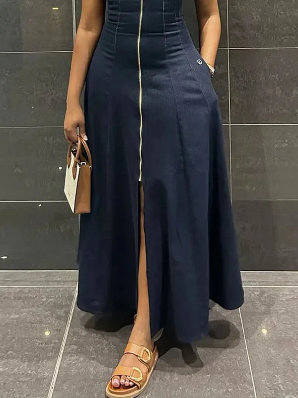 High Waisted Loose Solid Color Split-Front Zipper V-Neck Maxi Dresses - Image 3
