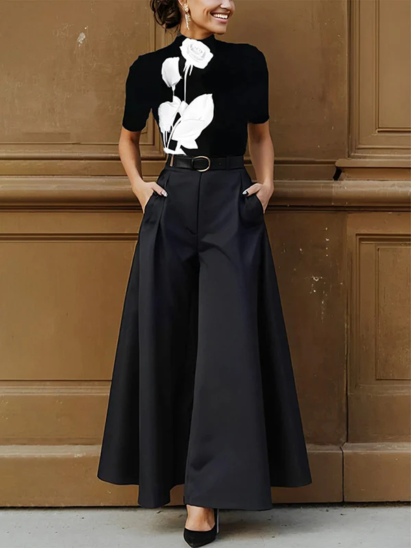 High Waisted Loose Solid Color Split-Joint Pants Trousers - Image 2