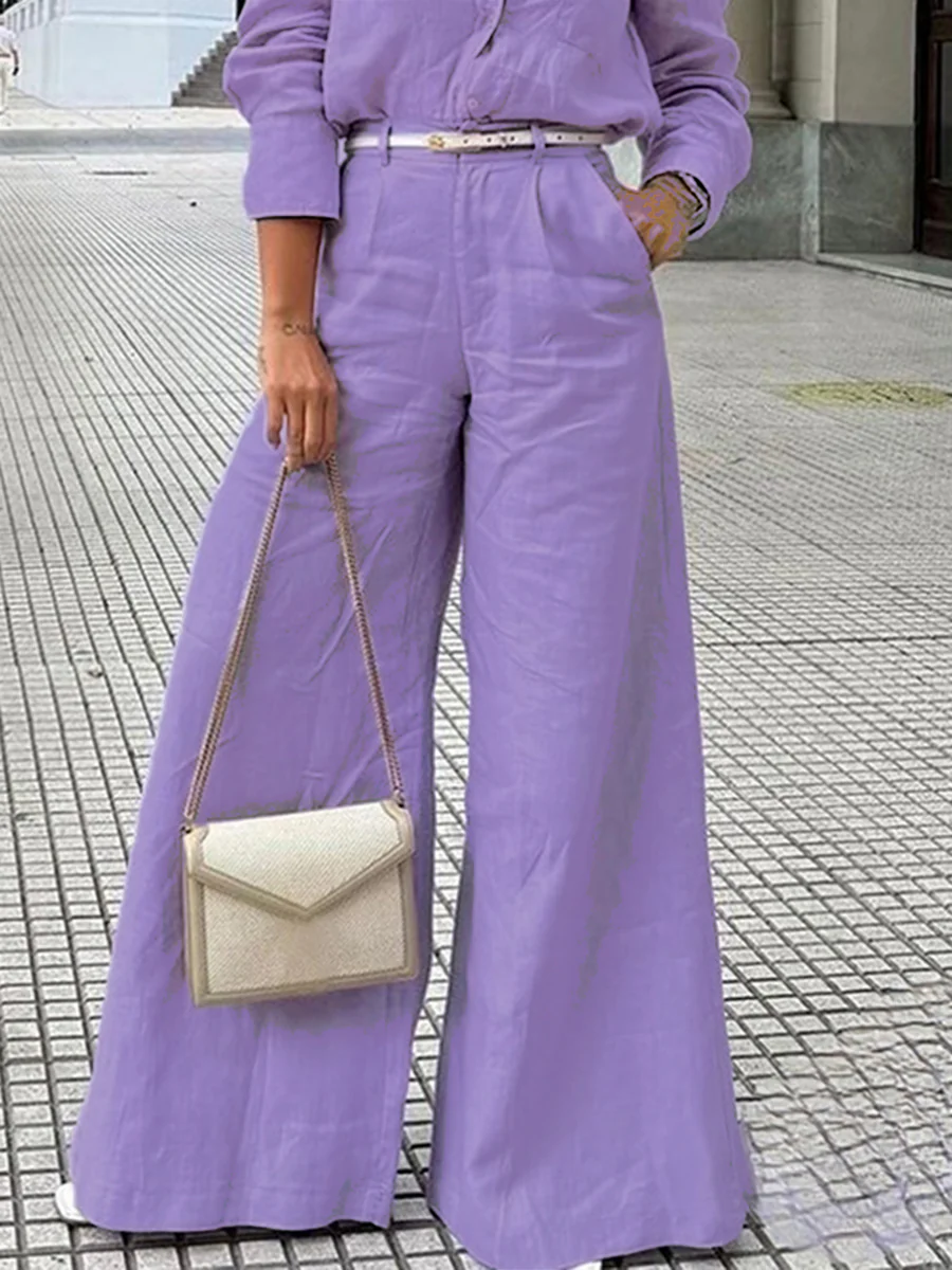 High Waisted Loose Solid Color Split-Joint Pants Trousers - Image 3