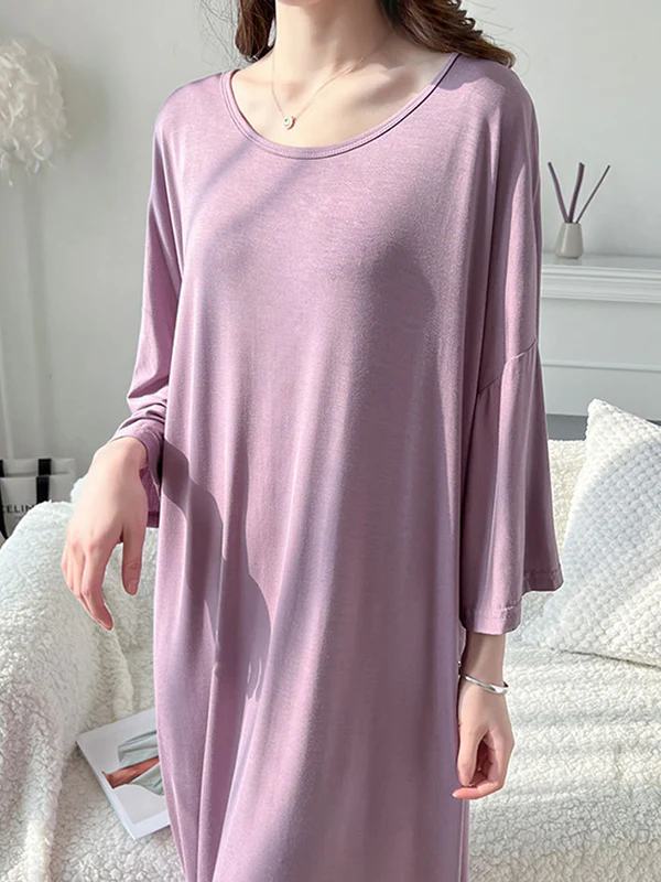 High Waisted Loose Solid Color Split-Joint Round-Neck Pajama Dress - Image 12