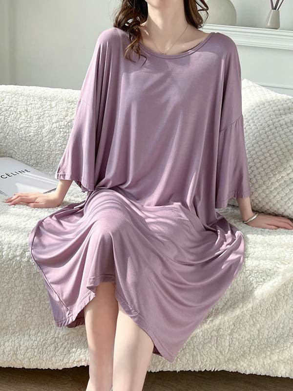 High Waisted Loose Solid Color Split-Joint Round-Neck Pajama Dress - Image 2