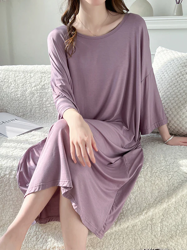 High Waisted Loose Solid Color Split-Joint Round-Neck Pajama Dress - Image 3