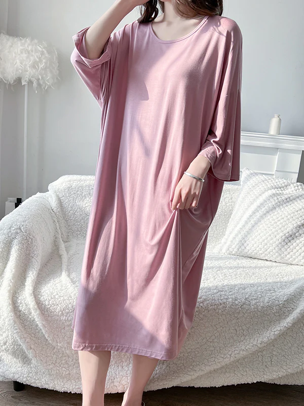 High Waisted Loose Solid Color Split-Joint Round-Neck Pajama Dress - Image 4