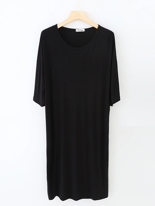 High Waisted Loose Solid Color Split-Joint Round-Neck Pajama Dress - Image 5