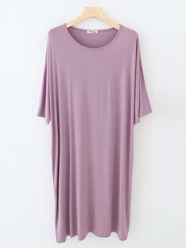 High Waisted Loose Solid Color Split-Joint Round-Neck Pajama Dress - Image 6