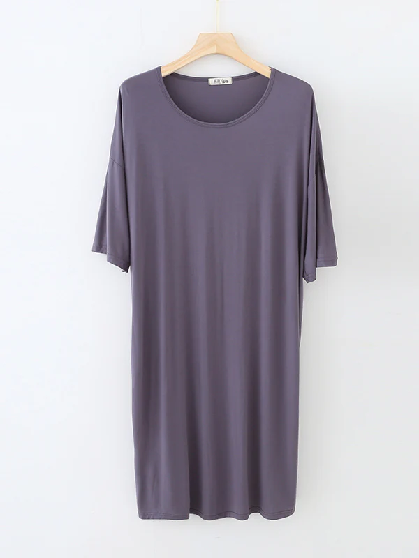 High Waisted Loose Solid Color Split-Joint Round-Neck Pajama Dress - Image 8
