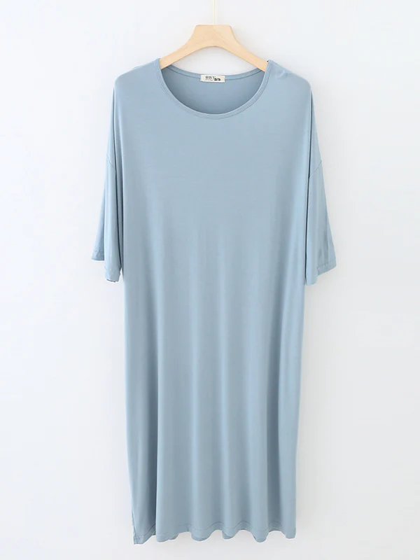 High Waisted Loose Solid Color Split-Joint Round-Neck Pajama Dress - Image 9
