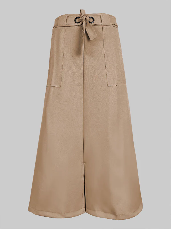 High Waisted Loose Split-Front Split-Joint Tied Waist Skirts - Image 5