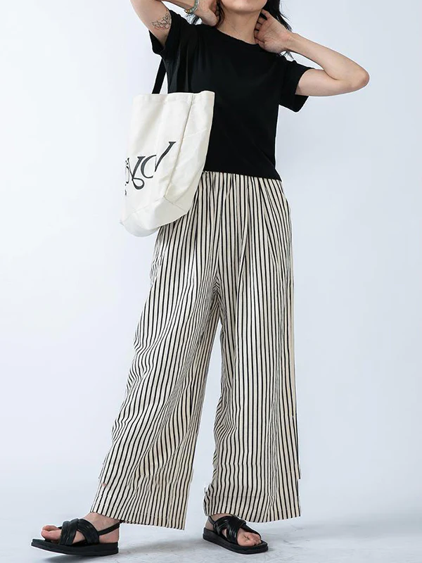 High Waisted Loose Split-Joint Striped Pants Trousers - Image 2