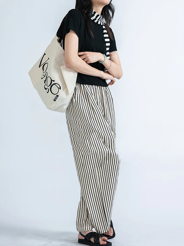 High Waisted Loose Split-Joint Striped Pants Trousers - Image 3