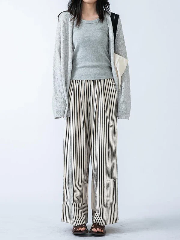 High Waisted Loose Split-Joint Striped Pants Trousers - Image 5