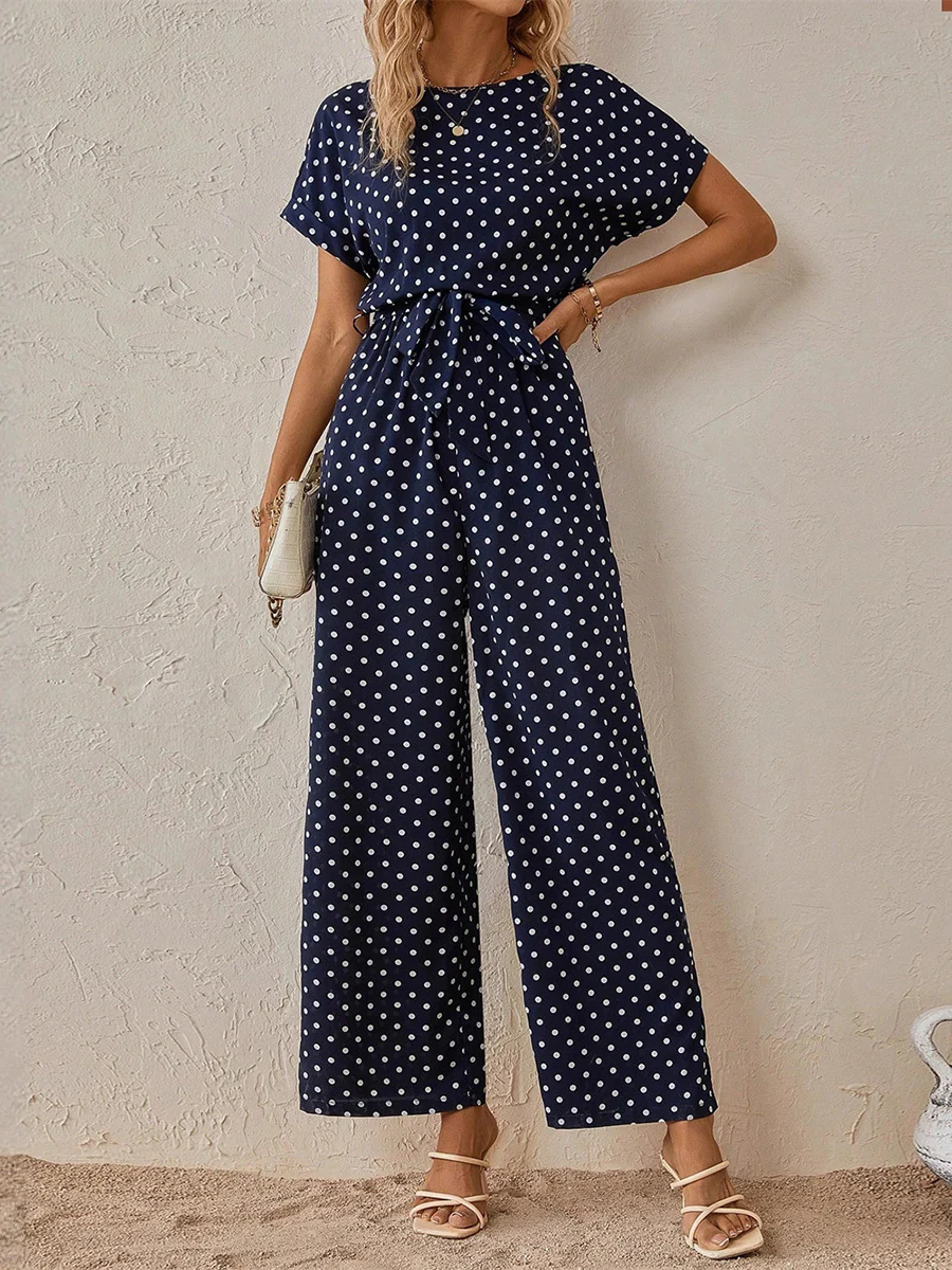 High Waisted Ninth Pants Contrast Color Polka-Dot Split-Joint Tied Waist Round-Neck Jumpsuits - Image 2