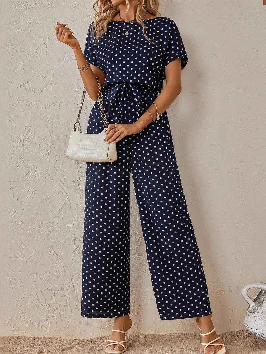 High Waisted Ninth Pants Contrast Color Polka-Dot Split-Joint Tied Waist Round-Neck Jumpsuits - Image 3
