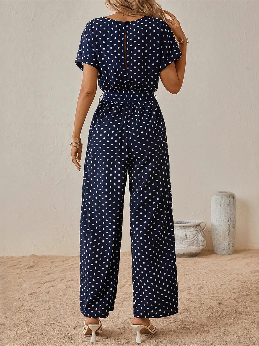 High Waisted Ninth Pants Contrast Color Polka-Dot Split-Joint Tied Waist Round-Neck Jumpsuits - Image 4