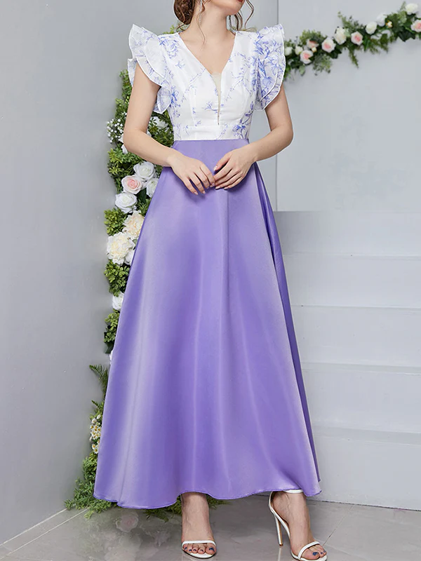 High Waisted Petal Sleeves Printed Split-Joint Deep V-Neck Maxi Dresses - Image 2