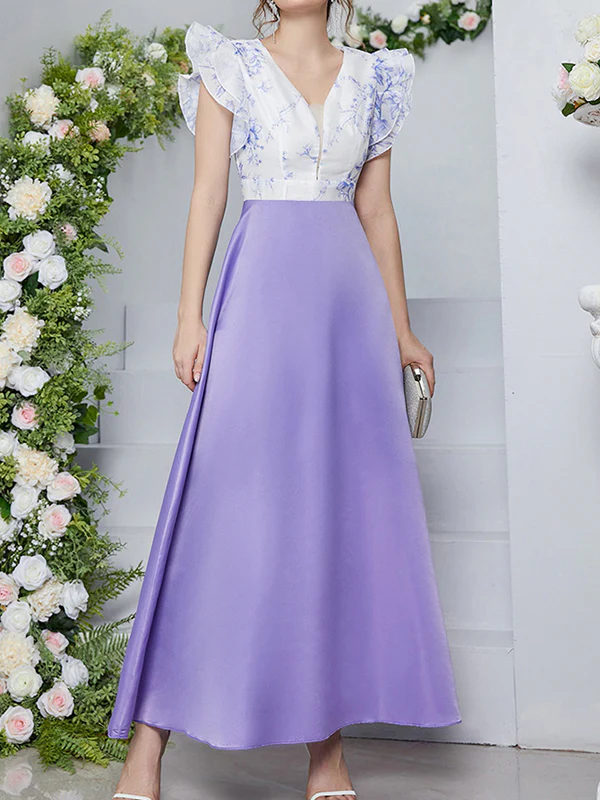 High Waisted Petal Sleeves Printed Split-Joint Deep V-Neck Maxi Dresses - Image 3