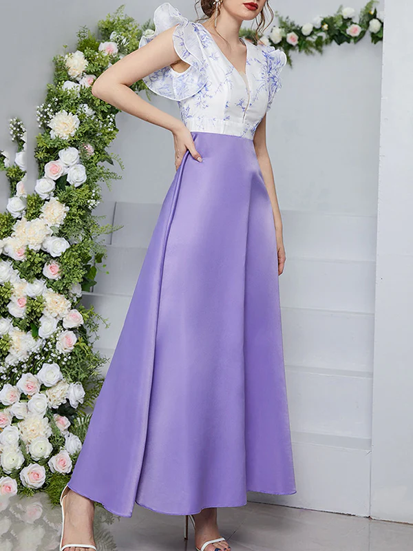 High Waisted Petal Sleeves Printed Split-Joint Deep V-Neck Maxi Dresses - Image 4