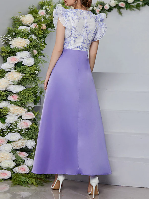 High Waisted Petal Sleeves Printed Split-Joint Deep V-Neck Maxi Dresses - Image 5